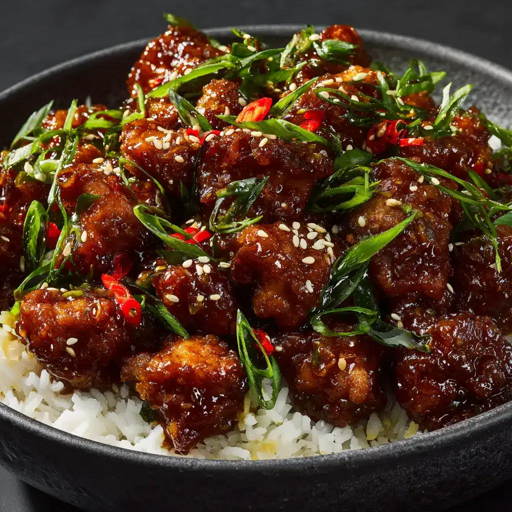 A close-up shot of crispy General Tso's chicken being tossed in a wok with the signature shiny sauce.