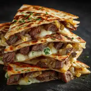 An extreme close-up shot of a crispy, golden-brown griddle steak quesadilla, with melted cheese and savory steak peeking out from the sides.