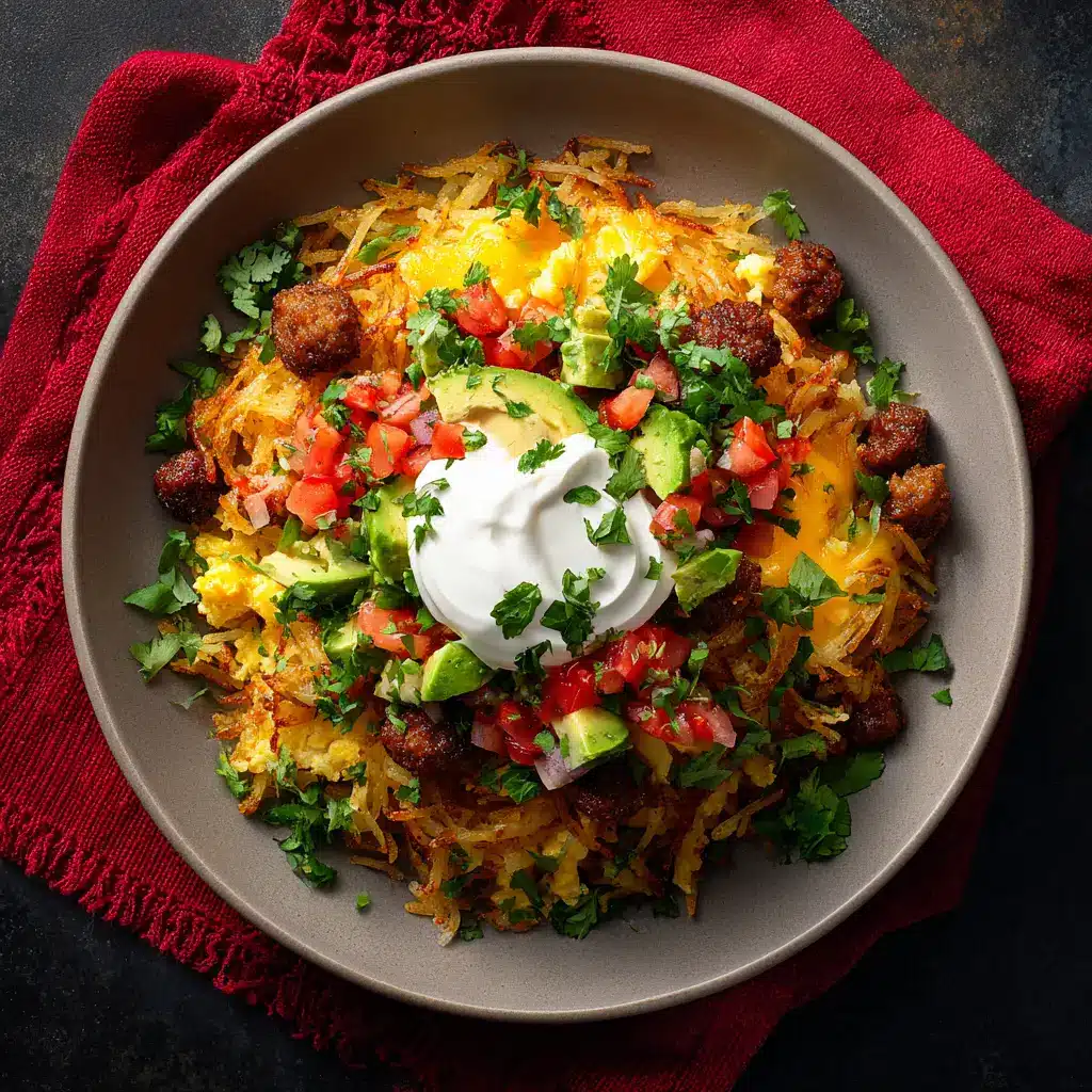 Hash Brown Breakfast Bowls: The Ultimate Crispy & Customizable Recipe 1 A close-up shot of the finished hash brown breakfast bowl, showcasing the melted cheese and savory toppings, ready to eat.