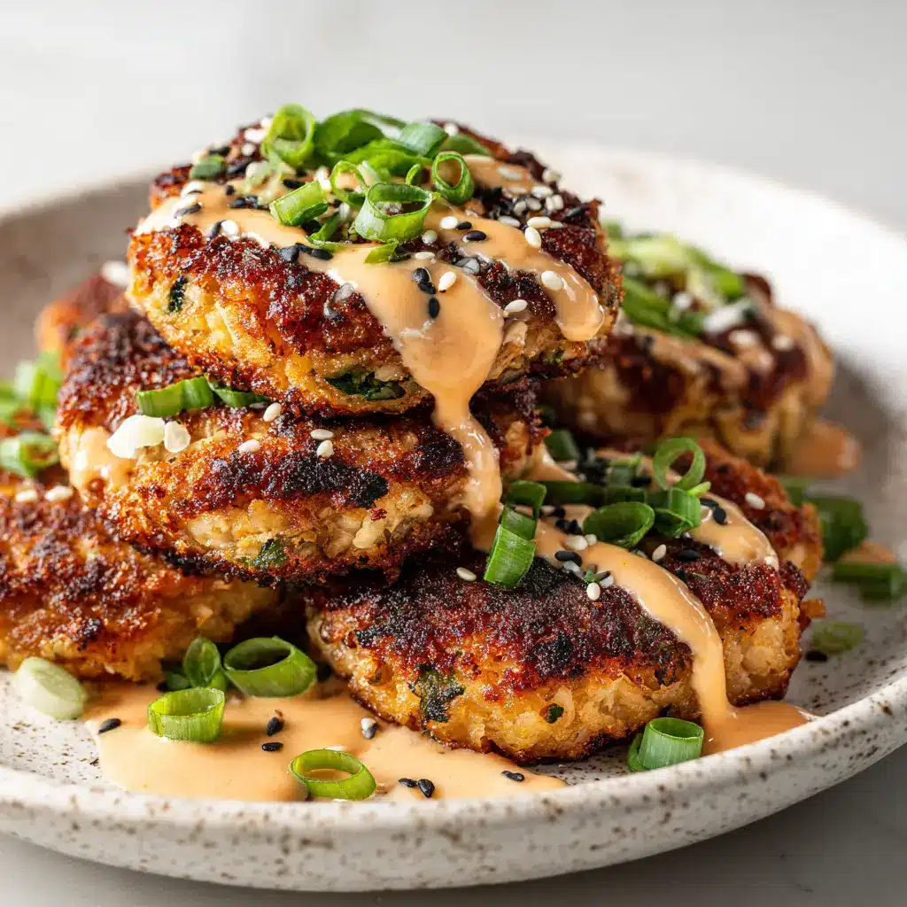 An extreme close-up shot of golden brown tuna patties, showing the crispy panko texture and flaky interior.