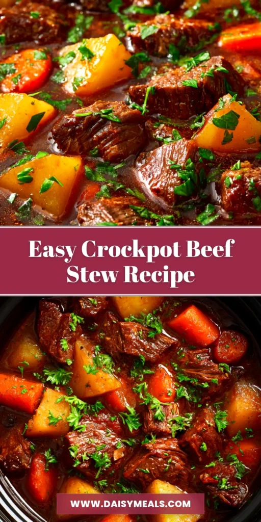 An overhead shot of a rich and hearty Crockpot Beef Stew in a rustic bowl, ready to be served. The stew is thick with tender beef, carrots, and potatoes.