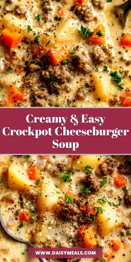Crockpot Cheeseburger Soup: The Ultimate Comfort Meal 4 A bowl of creamy crockpot cheeseburger soup, garnished with shredded cheddar cheese, crumbled bacon, and fresh chives. The perfect easy slow cooker recipe.