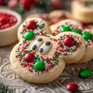 A close-up shot of a decorated Mickey Mouse sugar cookie with red and white icing, sitting next to a Mickey-shaped cookie cutter.