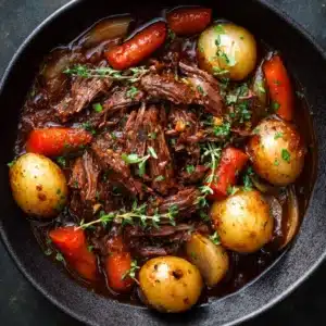 A Dutch oven filled with a tender chuck roast, potatoes, and carrots in a savory gravy, illustrating a key step in this beef pot roast recipe.