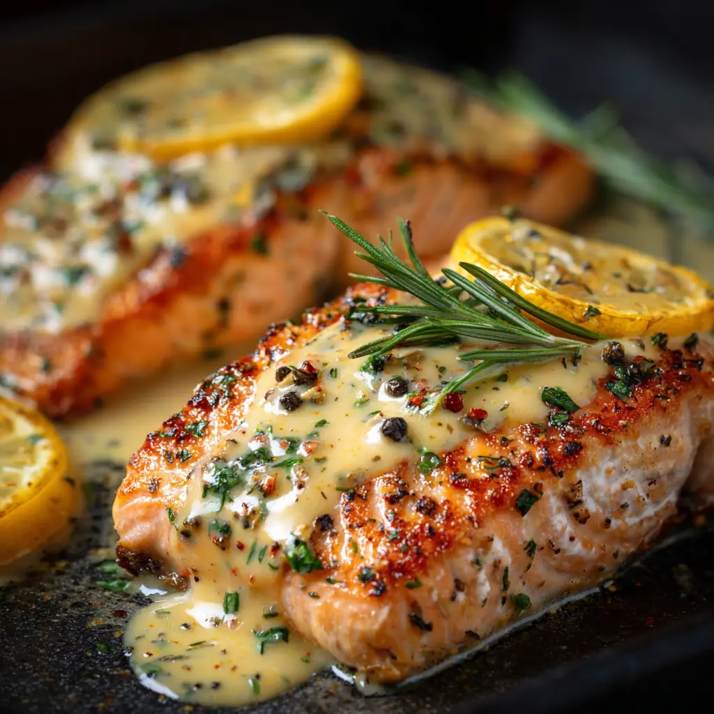 A baked salmon fillet on a baking sheet, garnished with fresh herbs, demonstrating a key step in this healthy salmon dinner recipe.