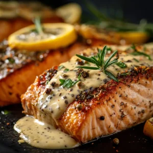 An extreme close-up of a perfectly cooked salmon fillet, showing the moist and flaky texture achieved with this simple salmon recipe.