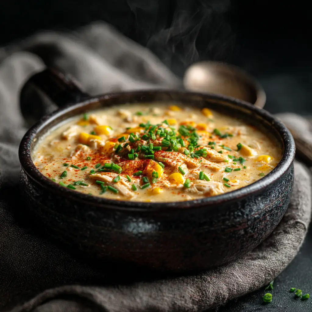 Slow Cooker Chicken Corn Chowder: The Creamiest Crockpot Recipe 1 A rustic bowl of easy chicken corn chowder soup, garnished with fresh chives and crispy bacon, ready to be served.