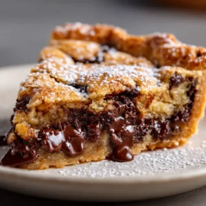 A close-up overhead shot of a slice of easy cookie pie on a white plate, served with a scoop of vanilla ice cream.