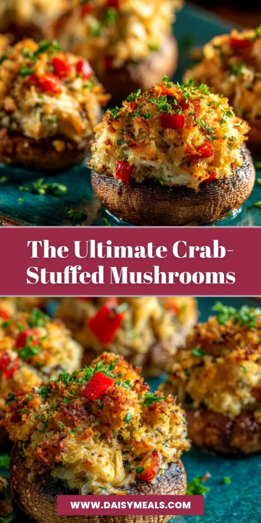 A platter of golden-brown crab-stuffed mushrooms, ready to be served as a delicious party appetizer. The filling is cheesy and bubbling.