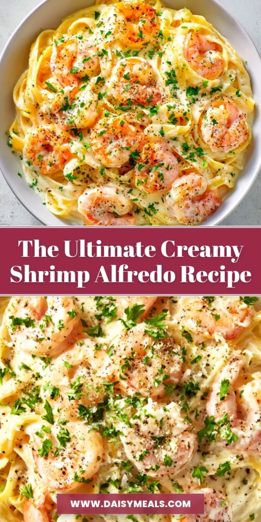Shrimp Alfredo: The Easiest, Creamiest Recipe (Ready in 30 Mins!) 3 An overhead shot of a white bowl filled with creamy Shrimp Alfredo, garnished with fresh parsley. The title reads 'Easy Creamy Shrimp Alfredo'.