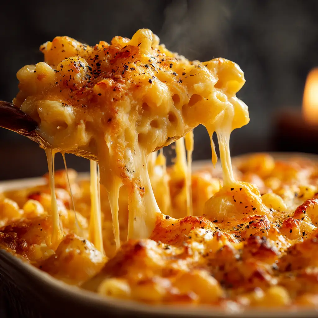 A serving of easy crockpot mac and cheese in a white bowl, garnished with fresh parsley, ready to be eaten.