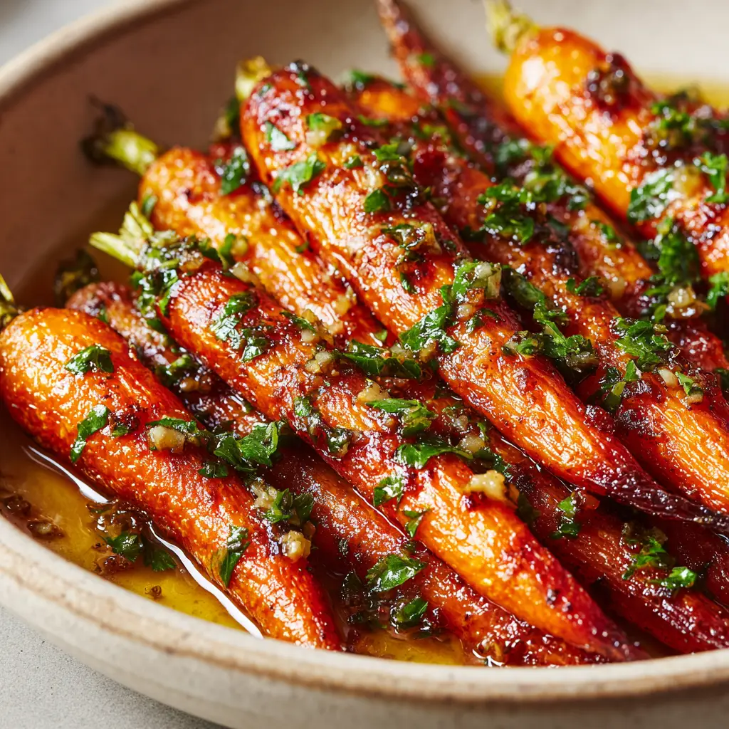 A close-up shot of honey garlic butter roasted carrots on a baking sheet, showing the caramelized edges and tender texture.