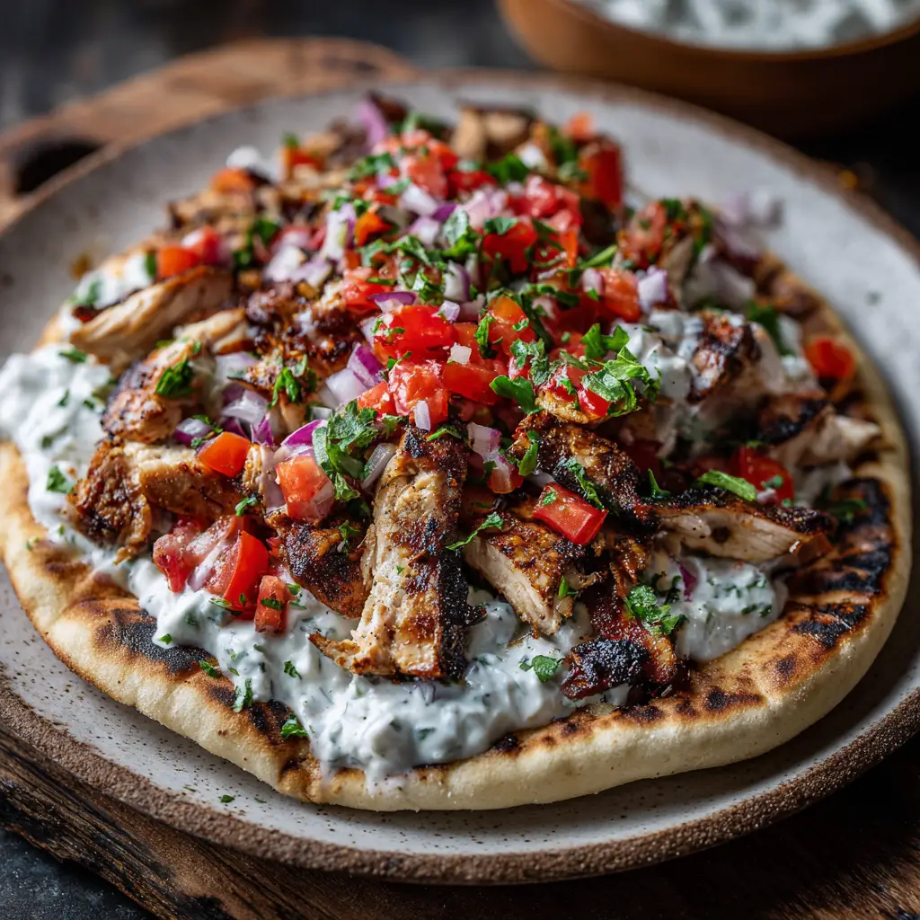 Greek Chicken Gyros (The BEST Authentic Recipe) 1 A platter showcasing two fully assembled Greek chicken gyros, ready to be served, emphasizing the generous filling and soft pita bread.