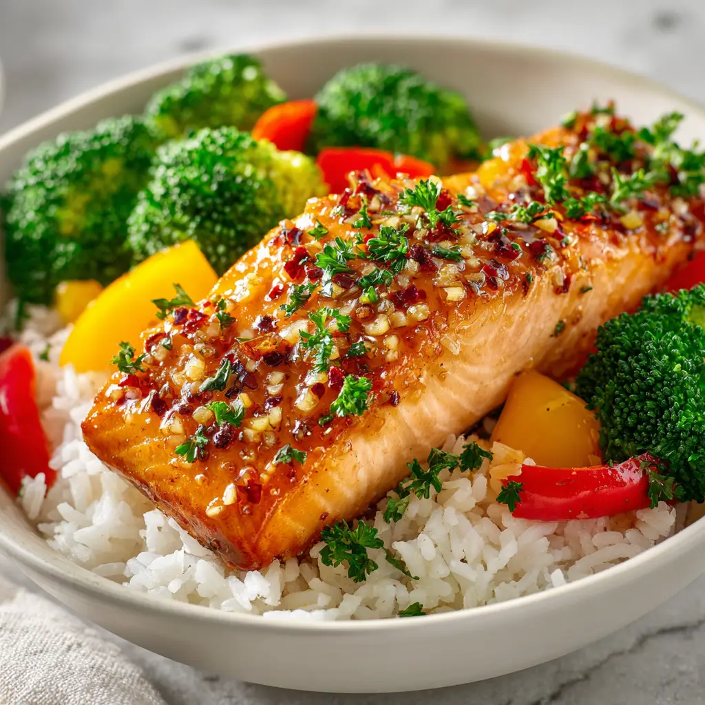 A complete salmon rice bowl with broccoli and avocado, illustrating an easy salmon dinner.