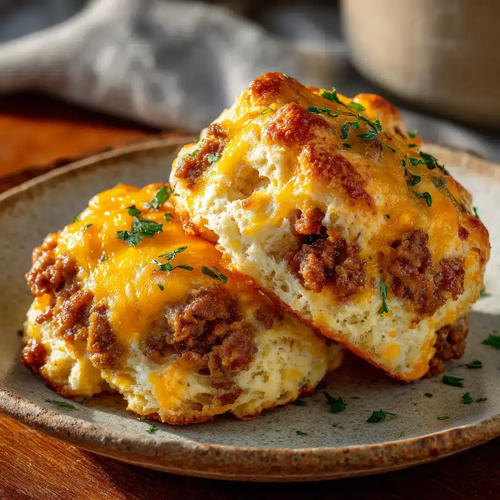 A close-up of two golden-brown sausage cheese biscuits baked in butter, highlighting their fluffy texture and crispy edges.