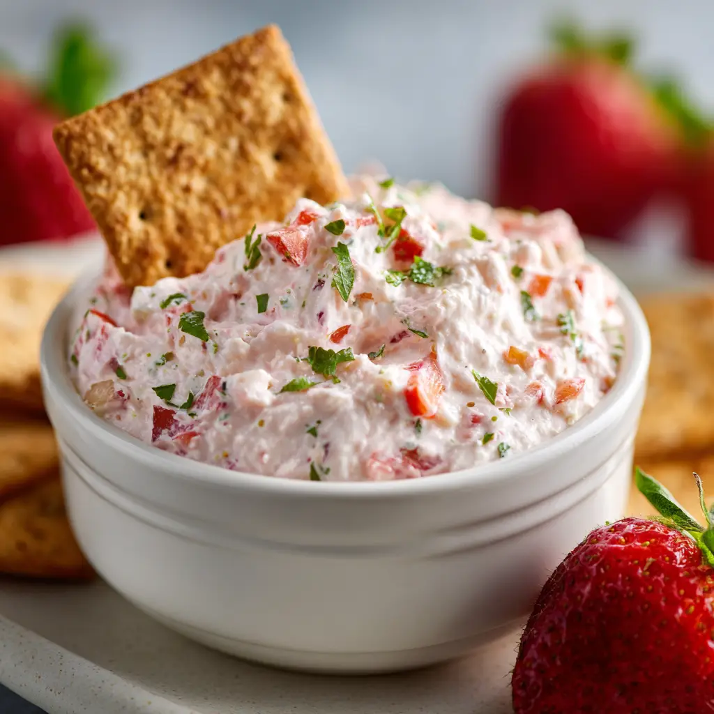 3-Ingredient Strawberry Dip (The Easiest, Creamiest Fruit Dip!) 1 A beautiful serving bowl filled with the finished easy strawberry dip, ready to be served at a party.