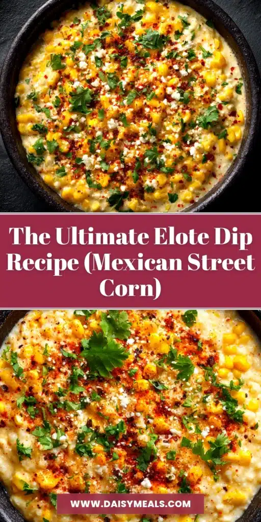 A shareable pin image showing a bowl of creamy Elote Dip garnished with cotija cheese and cilantro, with text overlay for Pinterest.