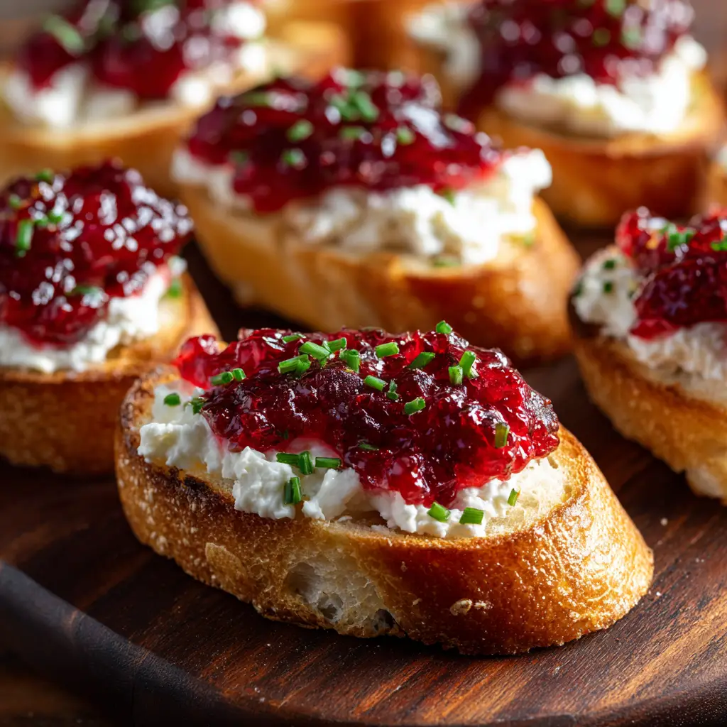 A close-up shot of festive cranberry cream cheese bruschetta on a wooden board, highlighting the creamy texture of the cheese and the glossy pepper jelly.