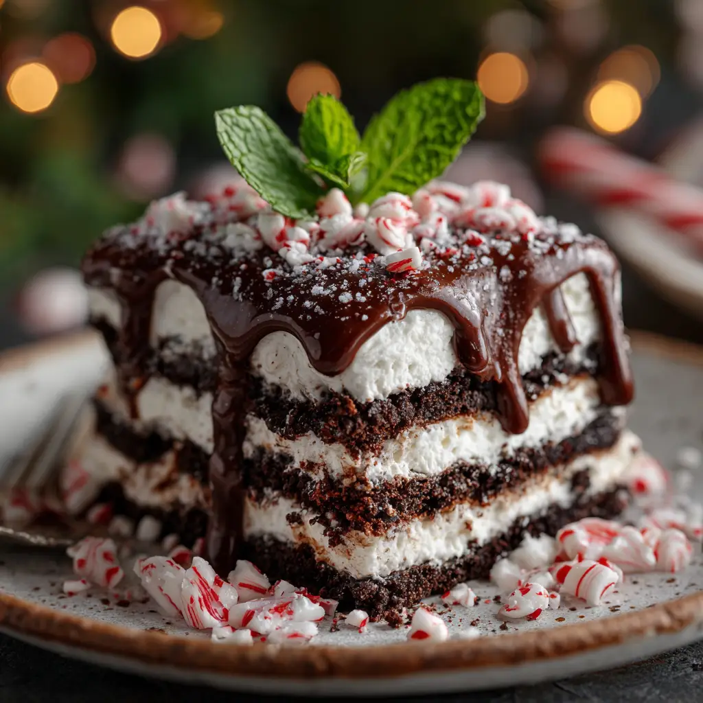 A top-down view of the no-bake peppermint Oreo icebox cake in a 9x13 dish, topped with chocolate ganache and crushed candy canes.