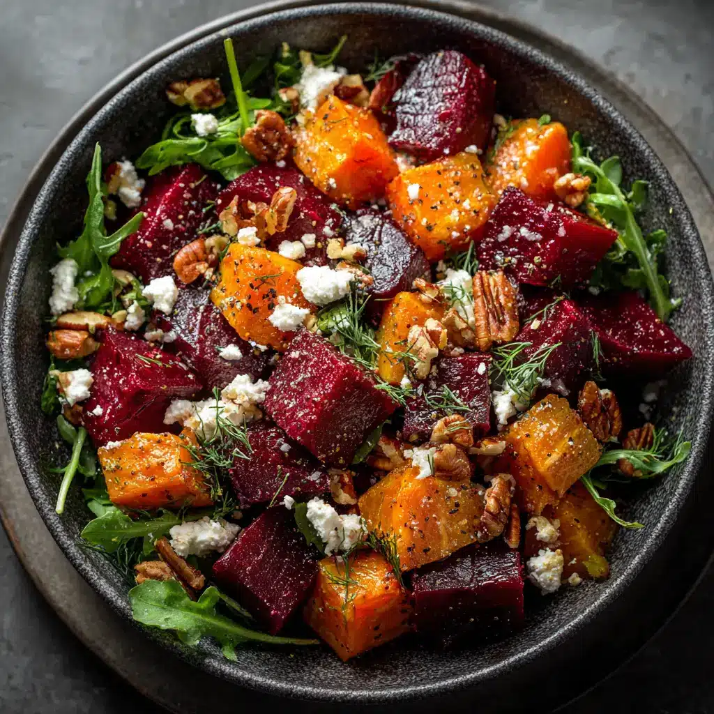 Another angle of the finished roasted beetroot salad, showcasing the glossy sheen from the balsamic vinaigrette coating the beets and greens.