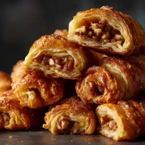 An extreme close-up of flaky, golden-brown puff pastry cinnamon twists, showing the caramelized sugar and pecan filling.
