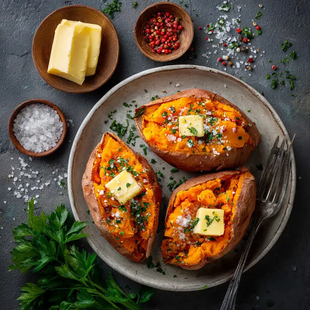 A close-up shot of a baked sweet potato being sliced open to reveal a steaming, bright orange, and fluffy interior. A demonstration of a perfectly cooked sweet potato.