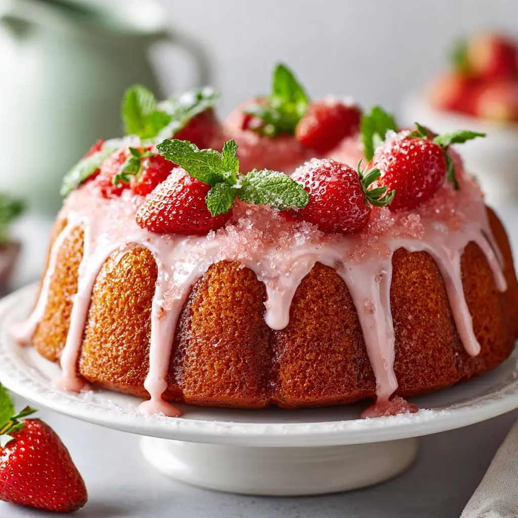 Strawberry Pound Cake (The Only Recipe You'll Ever Need) 2 A whole, golden-brown strawberry pound cake fresh out of the oven, sitting on a wire rack to cool. Fresh strawberries are scattered around the base.