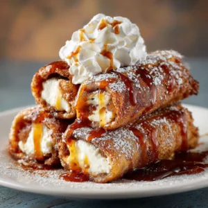 A close-up of a perfectly fried cheesecake burrito, dusted generously with cinnamon and sugar, ready to be served.