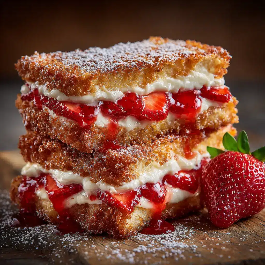 An extreme close-up of two perfectly golden fried strawberry cheesecake bites. One is whole, and the other is split open, showcasing the luscious, melted strawberry cheesecake filling inside.