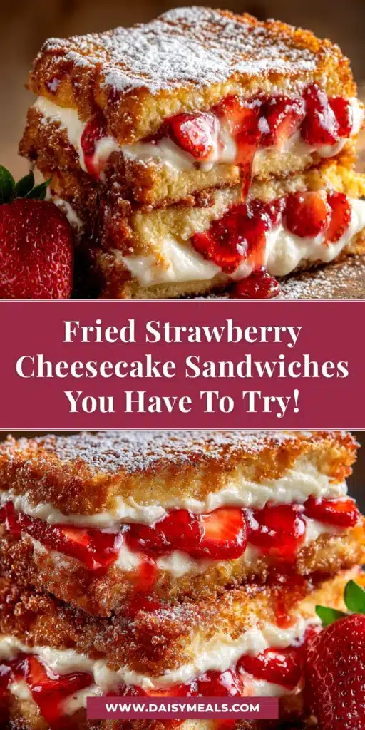 A golden-brown fried strawberry cheesecake cut in half, revealing a creamy, gooey center with pieces of strawberry. The dessert is dusted with cinnamon sugar and presented on a white plate.