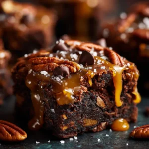 An extreme close-up of a single Caramel Pecan Turtle Brownie Bite, highlighting the glossy chocolate drizzle and the texture of the toasted pecan.