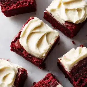 An overhead close-up shot of decadent red velvet brownie squares, highlighting their moist and fudgy texture.