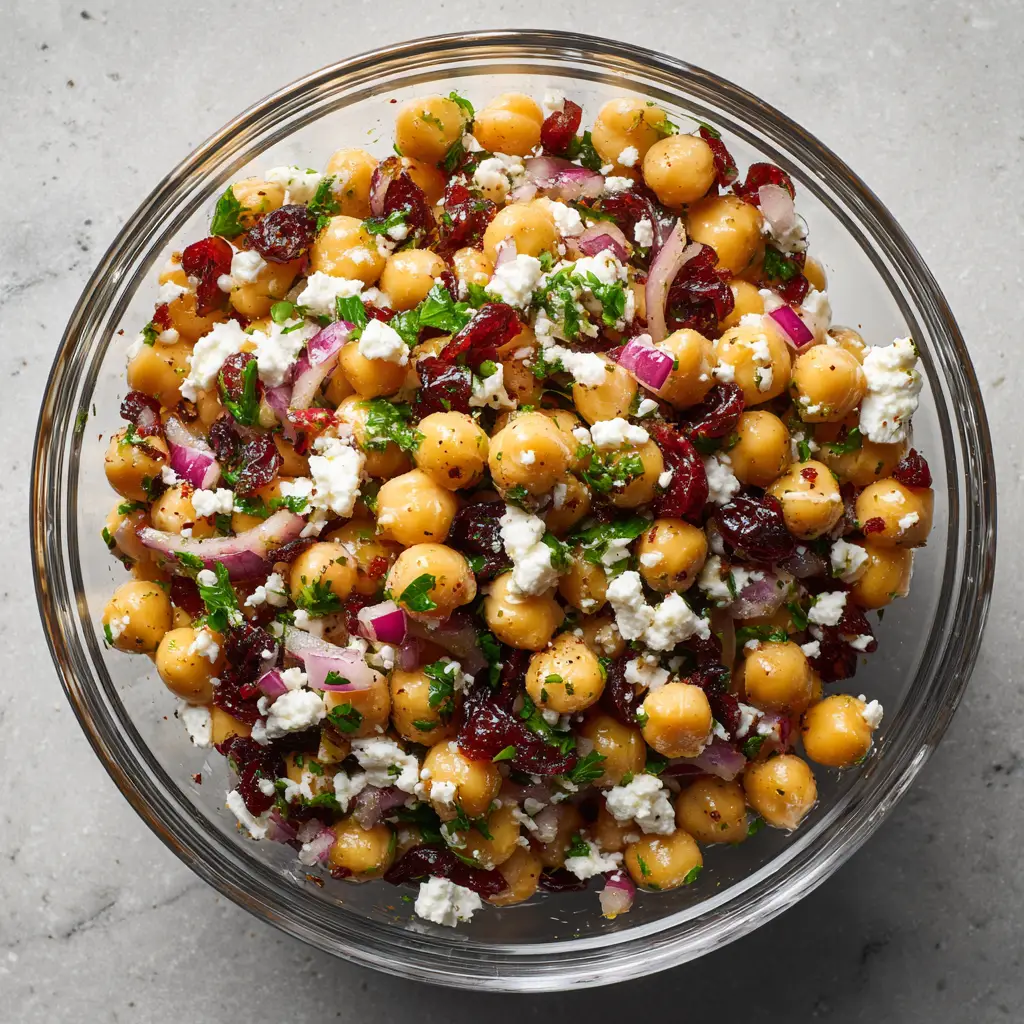 A close-up view of the garbanzo bean salad, highlighting the texture of the chickpeas, tomatoes, and cucumbers.