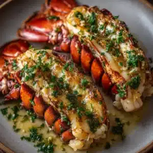An overhead shot of two perfectly baked lobster tails, split and topped with a glistening garlic butter sauce and fresh parsley.