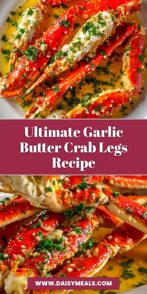 A platter of succulent Garlic Butter Crab Legs served with lemon wedges and a side of dipping sauce. The crab is glistening with butter and herbs, ready to be eaten.