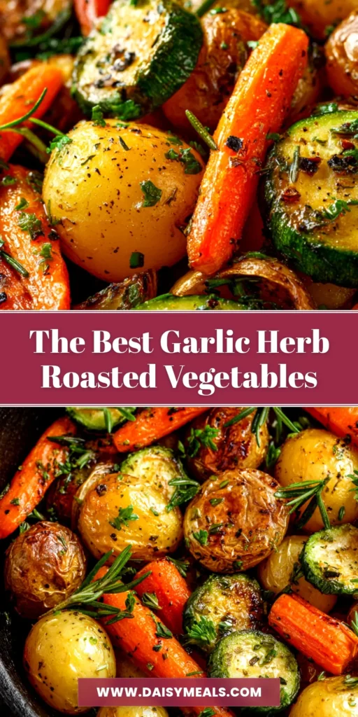 A close-up shot of delicious Garlic Herb Roasted Vegetables on a baking sheet. The vegetables are perfectly caramelized and sprinkled with fresh herbs, showcasing a perfect side dish.