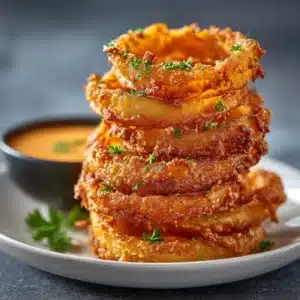 A close-up shot of golden-brown, panko-crusted onion rings fresh from the fryer, showcasing their super crunchy texture.