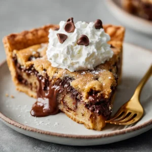 An extreme close-up of a thick slice of gooey cookie pie, with melted chocolate chips stretching from the slice.