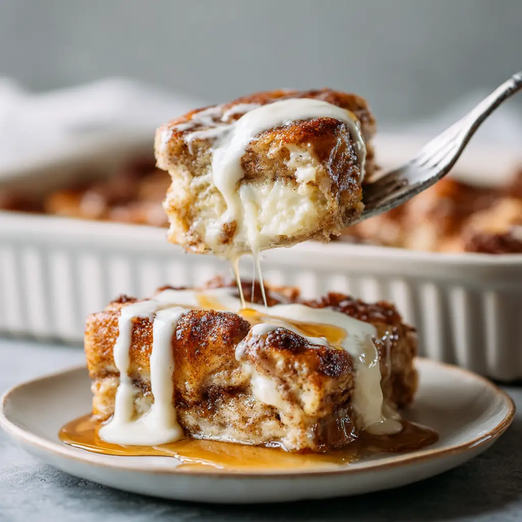 An extreme close-up shot of the gooey center of the cinnamon roll breakfast bake, showing the swirls and rich custard.
