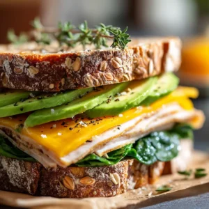 A gourmet turkey avocado sandwich, perfectly assembled and sliced in half on a wooden board to show the layers of fresh turkey, creamy avocado, and tomato.