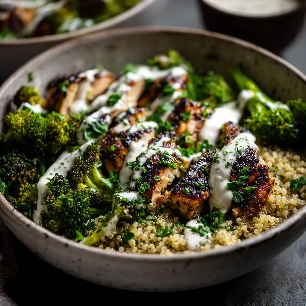 A close-up shot of the sliced grilled chicken and charred broccoli florets used in the meal prep bowls.