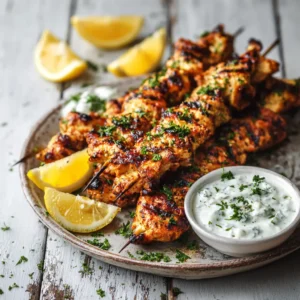 Beautifully grilled Greek chicken skewers served on a white platter with fresh lemon wedges and a side of tzatziki sauce. The chicken has perfect char marks from the grill.