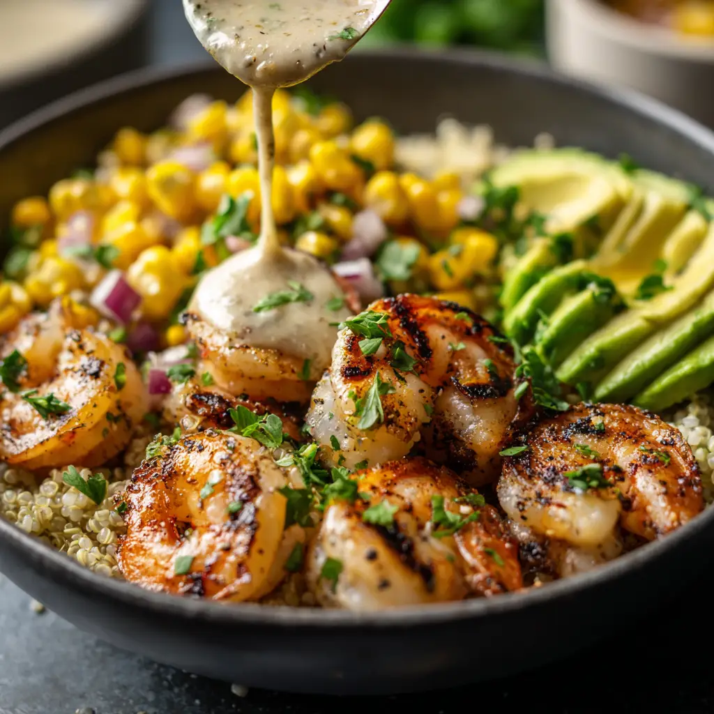 A close-up view of juicy, marinated shrimp being grilled on skewers until perfectly charred and pink.