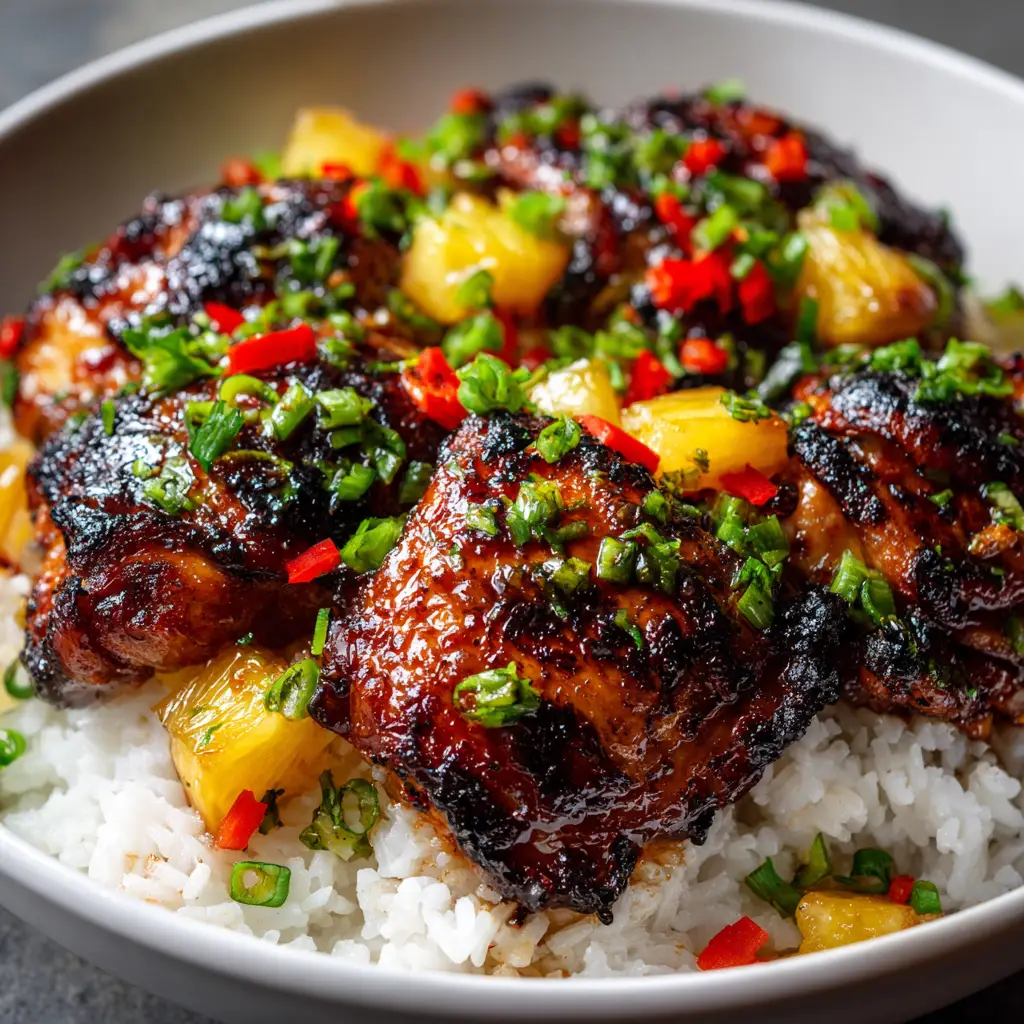 Huli Huli Chicken (The Authentic Hawaiian Grilled Recipe) 2 An overhead shot of glistening grilled Hawaiian chicken thighs being basted with Huli Huli sauce on a hot grill.