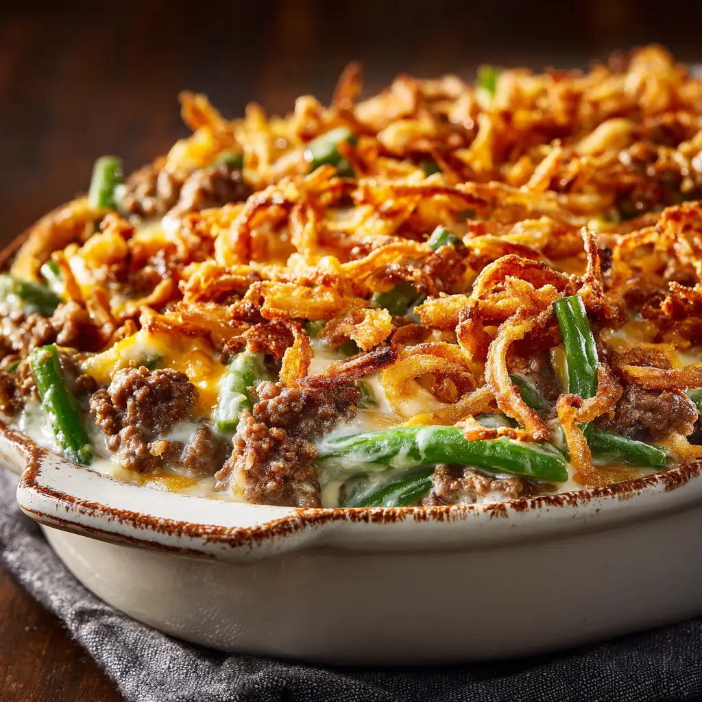 A scoop of ground beef and green bean casserole on a plate, highlighting the creamy sauce and tender green beans. An easy dinner idea.