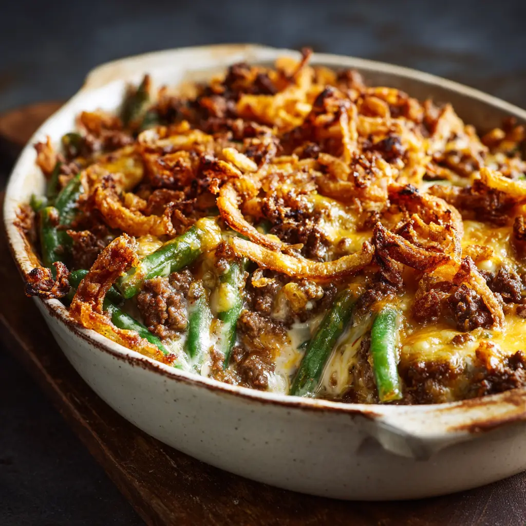 The ingredients for hamburger green bean casserole laid out, including ground beef, canned green beans, cream of mushroom soup, and french fried onions.