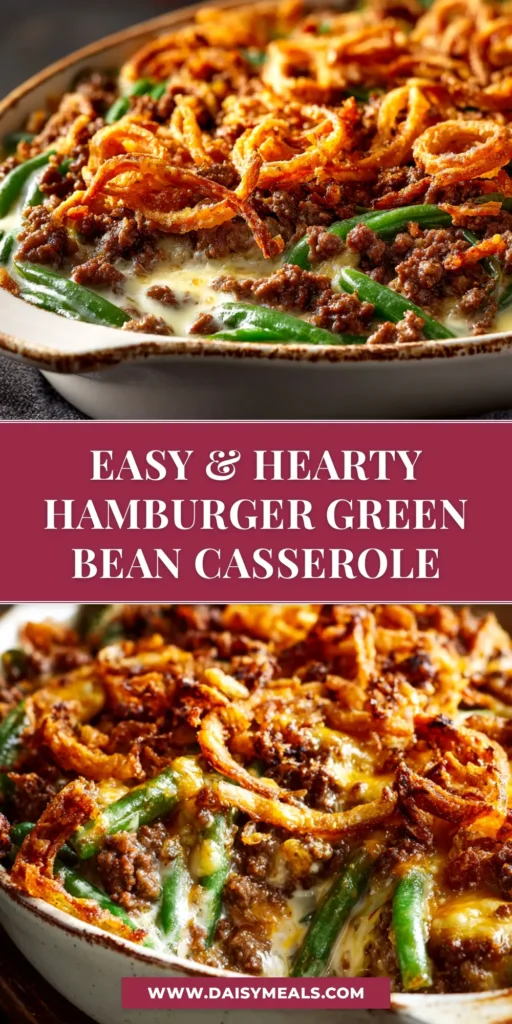 A delicious and easy Hamburger Green Bean Casserole in a white baking dish, topped with crispy onions and melted cheese. The perfect weeknight comfort food dinner.