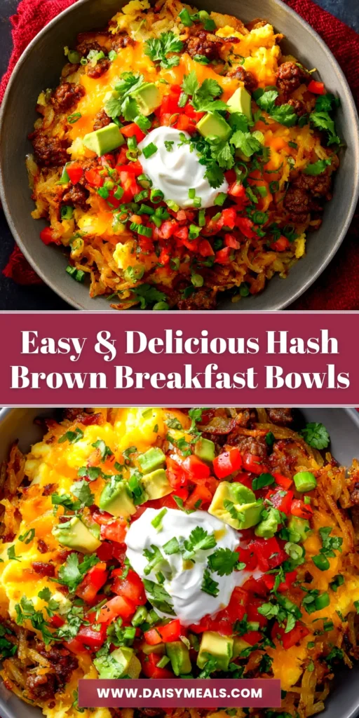 Hash Brown Breakfast Bowls: The Ultimate Crispy & Customizable Recipe 3 A delicious and easy recipe for Hash Brown Breakfast Bowls, featuring a crispy hash brown crust, scrambled eggs, sausage, and melted cheese in a white bowl.