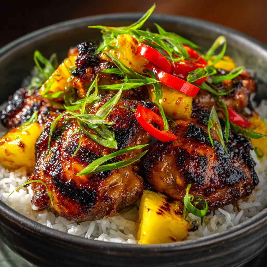 Huli Huli Chicken (The Easiest, Juiciest Hawaiian BBQ!) 2 An extreme close-up of glistening, grilled Huli Huli chicken, highlighting the charred edges and sticky pineapple glaze. A perfect example of Hawaiian grilled chicken.