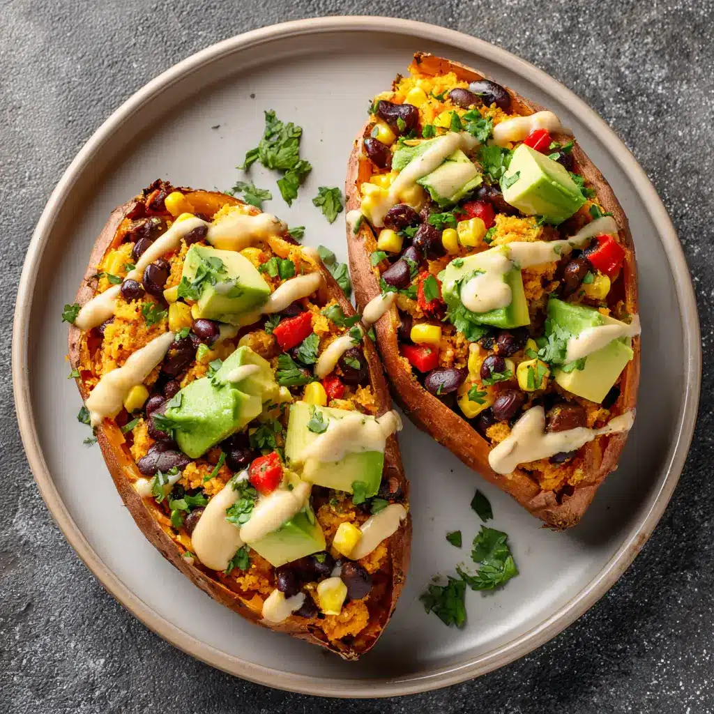 A close-up photograph highlighting the texture of a baked sweet potato filled with corn and beans, showcasing a healthy meal.
